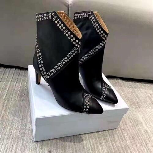 Womens Shoes Paris Demka Boots Black Genuine Leather Lahia Eyelets Ankle Boots