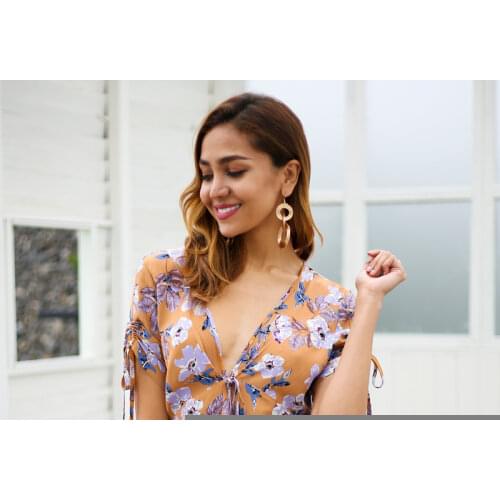 HGTE Ruffle floral print dress women Sexy v neck short sleeve mini dress New 2018 summer robe femme drawstring dress female