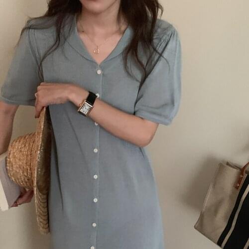2021 New Women Summer Knitted Long Shirt Dress Sashes Lapel Collar Single Breasted Vintage Cozy Midi Sundress