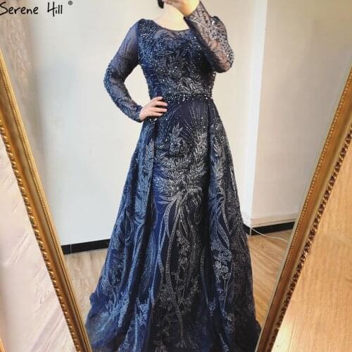 Serene Hill Dubai Navy Blue Beadings Evening Dress With Trian 2020 Latest O-Neck Long Sleeves Formal Party Wear Gown CLA70541