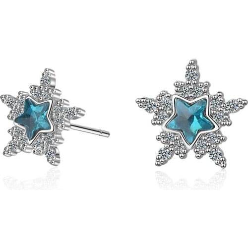 100% 925 Sterling Silver Shine Cubic Zirconia Blue Star Ladies Stud Earrings Original Jewelry For Women Anti Allergy Gift Cheap