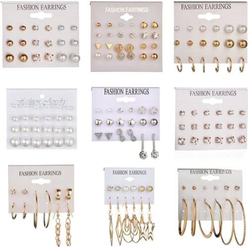 12 Pair/Set Crystal Heart Flowers Stud Earrings Set 2019 Rhinestone Imitation Pearl Earrings for Women Girls Gift Jewelry