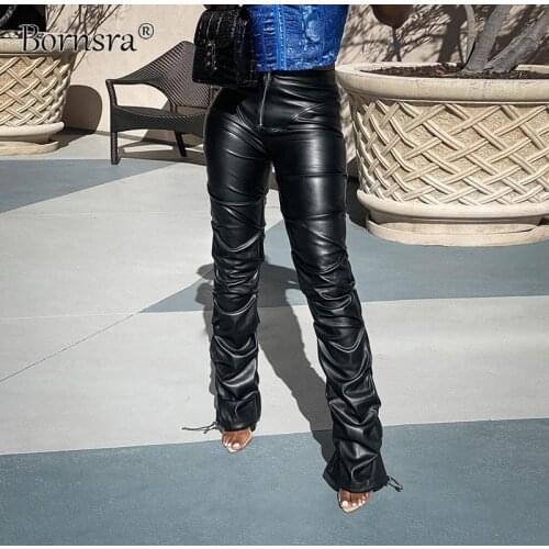 Bornsra 2021 Summer Womens Trousers New High-waist Bag Hip Fashion Casual Footwear Imitation Leather Trousers Woman Pants