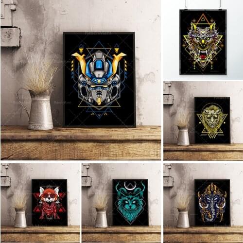 Geometric golden wolf golden elephant, cool lion, cat, rabbit myth poster, canvas painting animal wall painting art