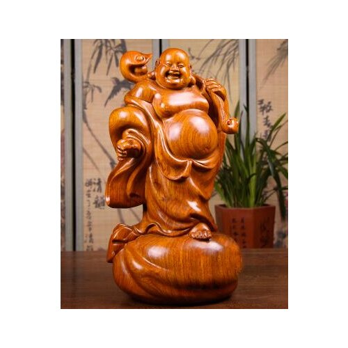 Chrysanthemum pear mahogany carving Huanghua pear wood maitreya Buddha cloth bag Laughing lucky Handmade sculpture