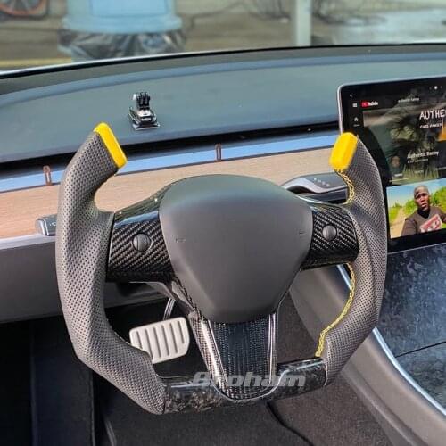 Customized Pilot Shape Forged Carbon Fiber Steering Wheel With Leather For Tesla Model Y Model 3 2017 2018 2019 2020 2021