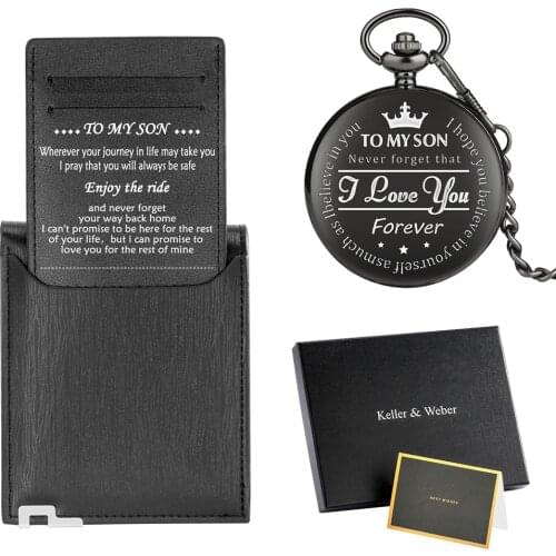 To My Son Pocket Watch Wallet Set Chic Pendant Quartz Clock Pendant Chain Leather Black Wallet High Grade Mens Gift Set for Son