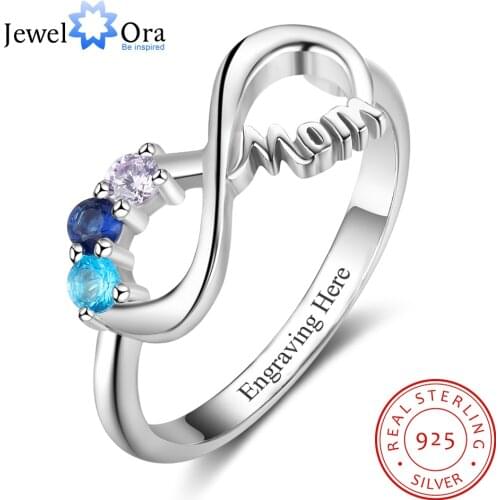 JewelOra Personalized Mothers Rings with 3 Birthstones Custom Inner Engraving Infinity 925 Sterling Silver Rings for Women Mom
