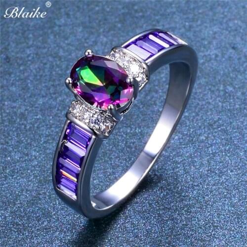 Blaike Big Oval Colorful Stone+Zircon Ring For Women Silver Color Engagement Jewelry Luxury Halloween Gifts