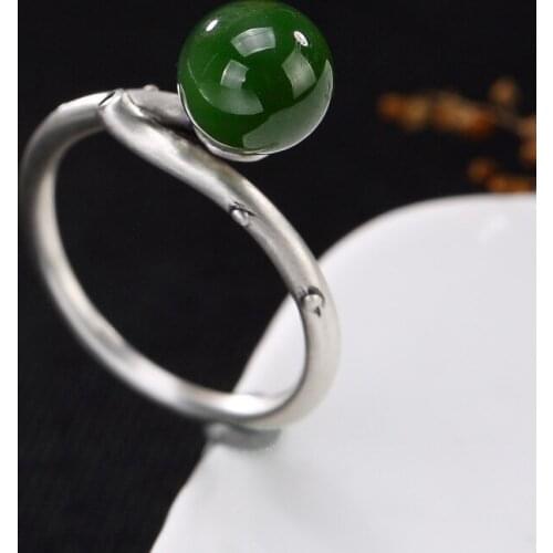 S925 pure silver inlay hetian jade jade restoring ancient ways round pearl ring ring wholesale high-grade openings