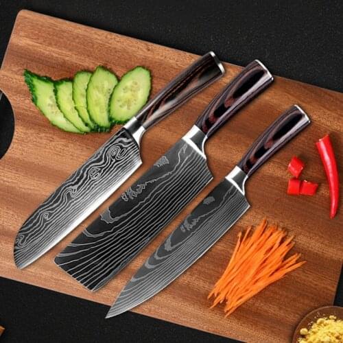 3PCs 440C Stainless Steel Japanese Kitchen Knife Set Damascus Laser Pattern Chef Santoku Nakiri Cleaver Knives