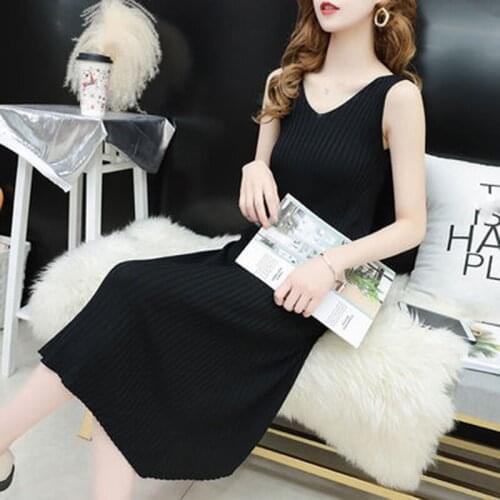 New 2021Ice silk knit dress summer mid-length outer wear V-neck bottoming Korean loose thin section fairy sleeveless vest dress