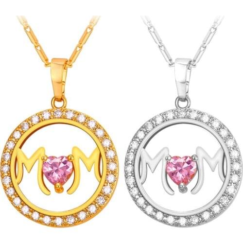 New Hot Pink Heart Necklace Pendant Women Cubic Zirconia Coin Charm Yellow Gold Color Mum Letter Jewelry For Mother Gift P2349