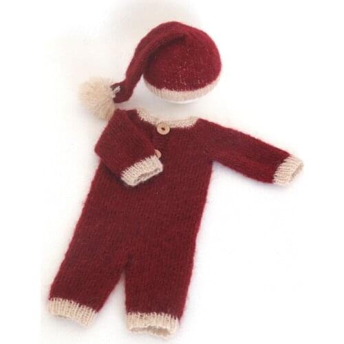 Newborn Long sleeves Romper photo prop Alpaca knit Baby Bodysuit Overall outfit with Bonnet set Long tail baby girl hat