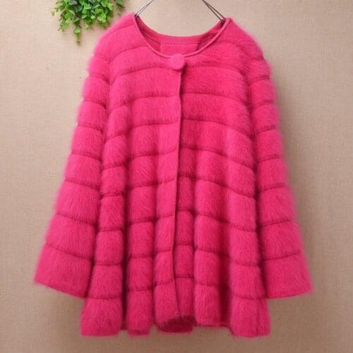 Autumn winter female women thick warm plush mink cashmere knitted striped long flare sleeves slim cardigans angora jacket coat