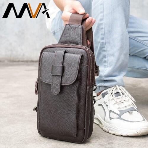 MVA Mens Cross Bag Casual Genuine Leather Mens Chest Sling Bags With Back Pocket Travel One Shoulder Bag Daypack Male Vintage