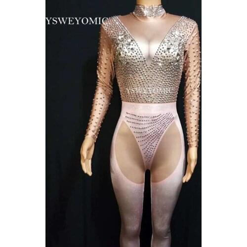 Light Pink Rhinestone Long Sleeves Jumpsuit Headdress Outfit Birthday Party Celebrate Women Dance Bodysuit Leggings Outfit