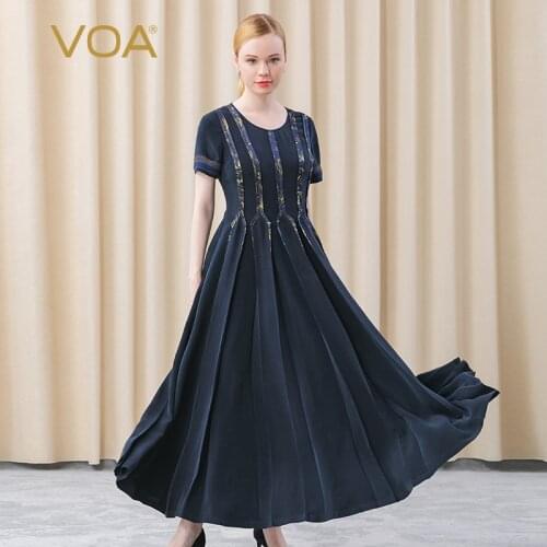 VOA Silk 30m/m Heavy Yarn-dyed Jacquard Spell To Receive Waist Ladies Three-dimensional Pleated Short-sleeved Dress Women AE595
