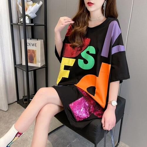 Summer new T-shirt sequins color matching blouse in the long section large size loose wild casual T-shirt women