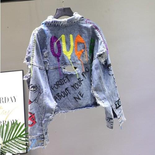 2021 Spring Fashion Letter Graffiti Print Heavy Work Rivet Tassel Hole Denim Jacket Casual Women Short Outerwear Chaqueta Mujer