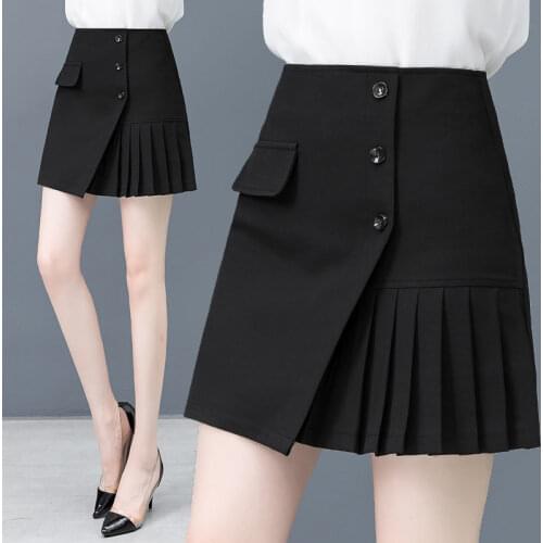 2021 Spring Autumn New Women Korean High-waist Short Skirt Slimming Black Irregular Single-breasted Bag Hip Pleated Skirts Y649