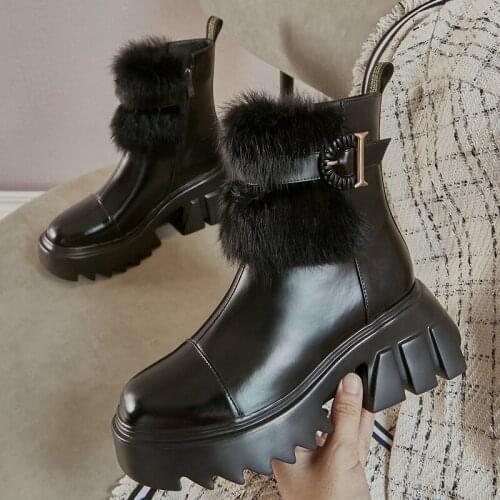 Winter High Platfrom Buckle Strap Warm Women Ankle Boots Handmade Genuine Leather Round Toe Thick Sole Zip Winter Womens Shoes