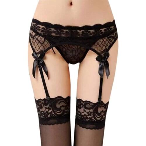 Womens Erotic See Through Mesh Sheer Suspenders Sexy Lady Floral Lace Bowknot Adjustable Thigh-Highs Garter Belt Solid Color