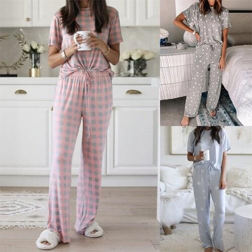 Women Suits Leisure Home Wear Suit Autumn Short Sleeve O-Neck Tops+Lace Up Long Pants 2 Piece Sets Sleepwear For Woman