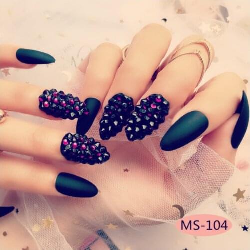 24pcs Black Matte False Nails 3D Fuchsia Crystal Decorative Nail Tips Punk Pointed Nail Extension Press On Fake Nails Manicure