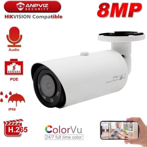 Hikvision Compatible Anpviz 4K 8MP Starlight ColorVu POE IP Camera Bullet Super Colorful Security Camera Audio IP66 Onvif 30m
