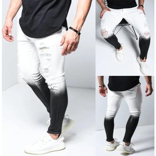 Colored Ripped Frayed Jeans Men Casual Slim Fit Mens Zipper Skinny Jeans Homme Brand Motor Biker Hip Hop White Black Trousers
