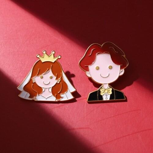 Chinese And Western Wedding Enamel Pins Custom Bride And Groom Brooch Lapel Badge Bag Cartoon Jewelry Gift For Couples Friends