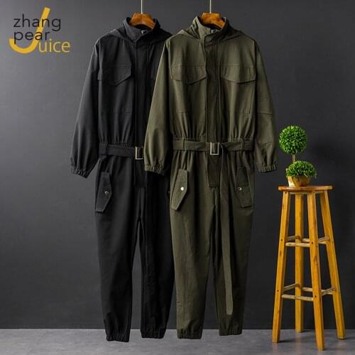 Hooded Hip Hop Jumpsuit Men Long Sleeve Romper Cargo Overalls Streetwear Jumpsuits Men Loose Solid Army Green Black Jumpsuit