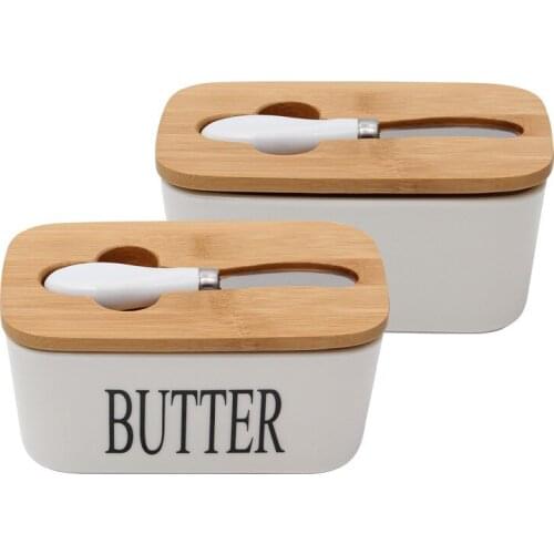 Nordic Style Butter Box With Knife Set Ceramic Cheese Butter Storage Plate With Bamboo Lid Food Container For Kitchen