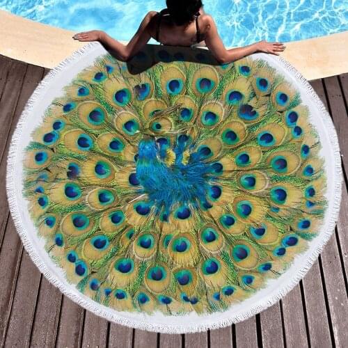 Microfiber Summer Sea Beach Towels Round Peacock Feathers Bath Towel Print Swimwear Cloak Shawl Yoga Mat for Summer Women