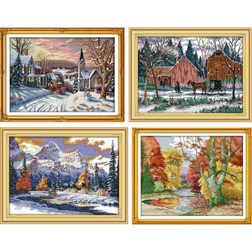 Joy Sunday Cross Stitch Kits Stamped The Snow of Winter Embroidery 11CT 14CT Counted Printed Needlework Decoration Patterns Sets