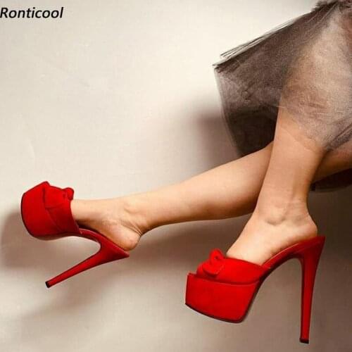 Ronticool New Stylish Women Platform Mules Sandals Butterfly Knot Stiletto Heel Open Toe Fabulous Black Party Shoes US Size 5-20