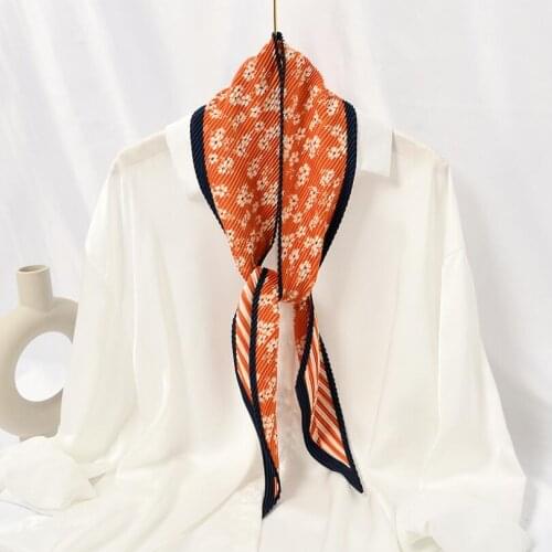New Crinkle Florals Prints Long Silk Polyester Scarf Women Neck Hairband Decoration Skinny Handle Bag Ribbons Foulard 2021