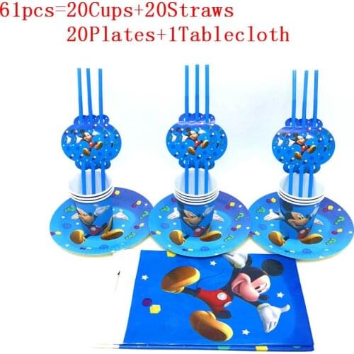 31pcs/61pcs Mickey Mouse Birthday Theme Disposable Tablecover Plates Cups Napkins Mickey Baby Shower Birthday Party Supplies