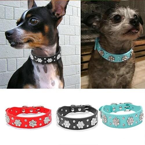 Pet Collars Bling Flower Rhinestone Cat Necklace Leather Puppy Dog PU Collar