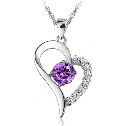 Purple Stone Superior Heart Necklaces & Pendants 925 Sterling Silver Cubic Zirconoa Jewelry Necklace With 18" Chains