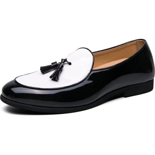 LUXURY LOAFERS ELEGANT MEN DRESS WEDDING OFFICE SHOES SUEDE PATCHWORK PATENT LEATHER SLIP ON TASSEL LOAFER FOR MEN CASUAL SHOES