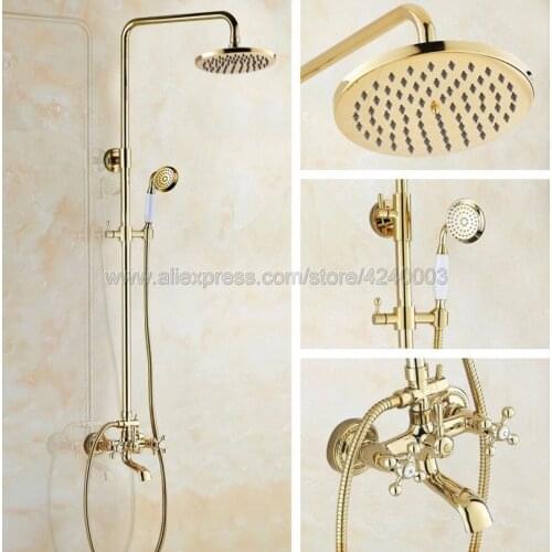 Luxury Gold Color Brass 8" Rainfall Round Showerhead Bathroom Shower Mixer Taps Wall Mount Tub Shower Faucet with Handsh Kgf354