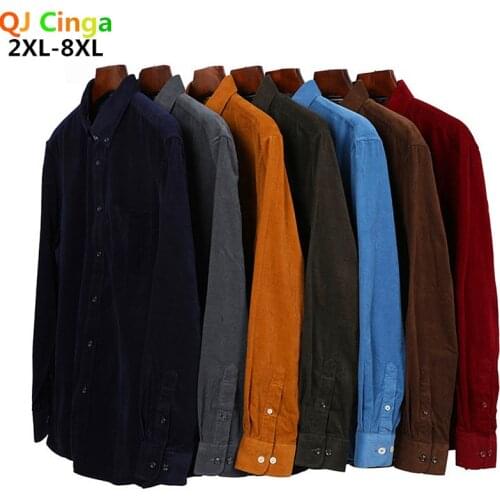Spring Autumn Super Large Corduroy Young Men Cotton Plain Long Sleeve Casual Shirts High Quality Plus Size 2XL-5XL 6XL 7XL 8XL
