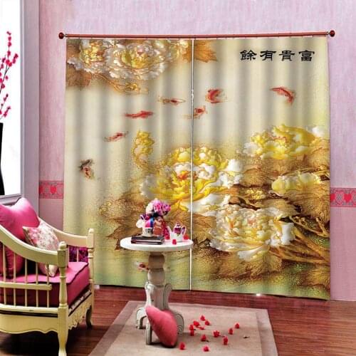 Chinese Style Customize Goldfish flowers Curtain For Living room Bedroom Blackout Sunshade Window Drapes 2 Panels With Hooks