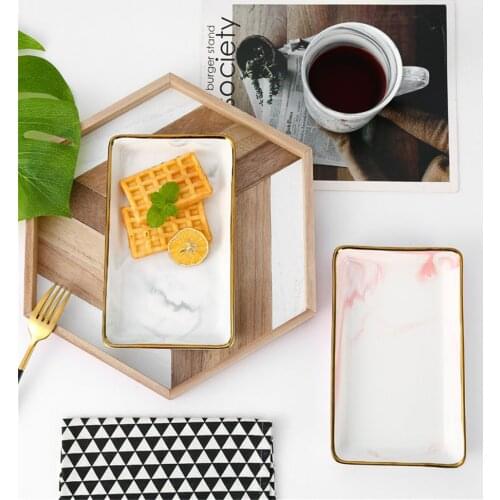 Nordic Marble Storage Tray Handmade Gold Rim Ceramic Jewelry Tray Desktop Fruit Dessert Plate Photography Props