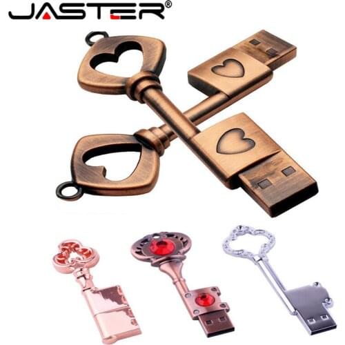 JASTER pen drive Metal Pure Copper Heart Key Gift USB Flash Drive mini USB stick Key Genuine 4gb 8gb 16gb 32gb 64GB Thumb Stick