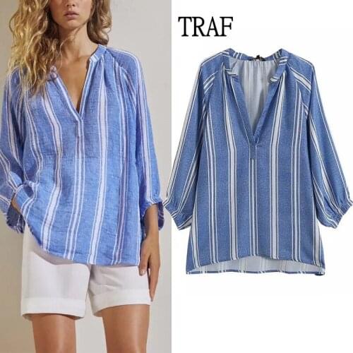 TRAF Za Striped Blouses Women 2021Autumn Womens Oversize Shirt Woman Vintage Loose Plus Size Womens Clothing Office Top Female