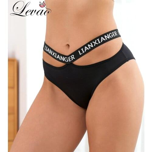 LEVAO Womens Cotton G-string Sexy Cross Strap Panties Letter Waisted Underwear Black Thongs Female Hollow Out Lady Briefs