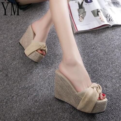 2020 Womens Sandals With Knot Comfortable Slippers Ladies Womens Casual Shoes Breathable Flax Canvas 10CM Wedge Women Pumps